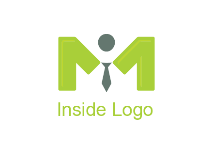 person with tie between letter M logo