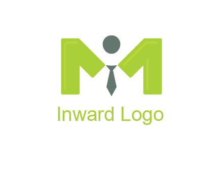 person with tie between letter M logo