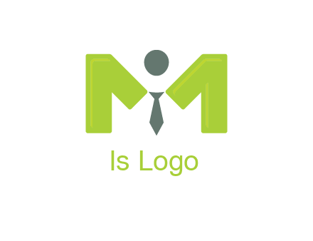 person with tie between letter M logo