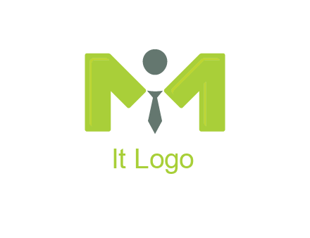 person with tie between letter M logo