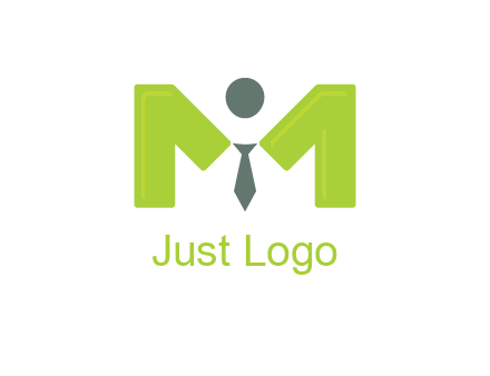person with tie between letter M logo