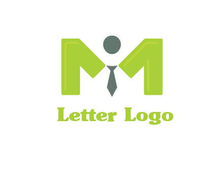 person with tie between letter M logo