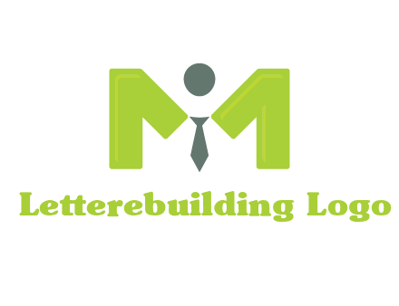 person with tie between letter M logo