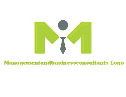 person with tie between letter M logo