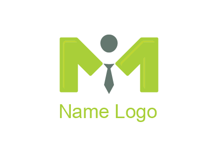 person with tie between letter M logo
