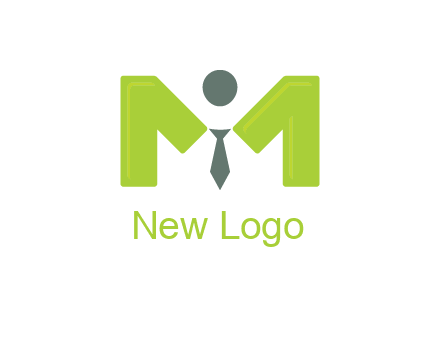 person with tie between letter M logo