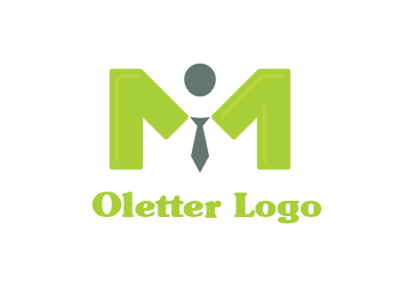 person with tie between letter M logo