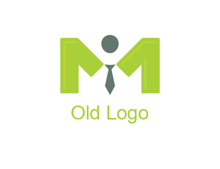 person with tie between letter M logo
