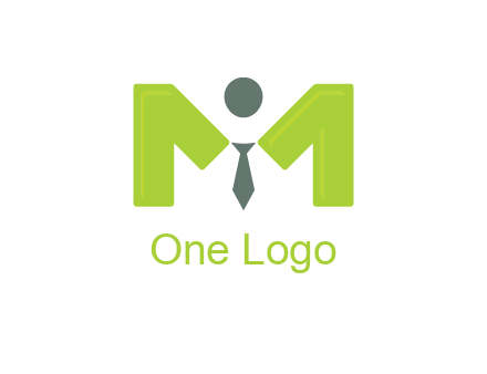 person with tie between letter M logo