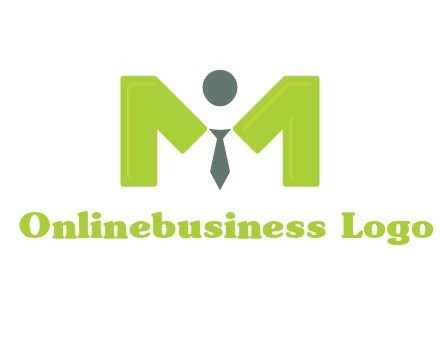 person with tie between letter M logo
