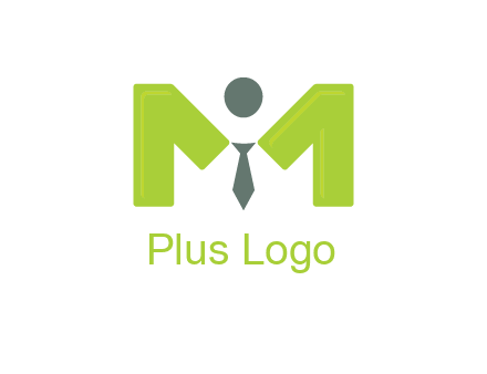 person with tie between letter M logo