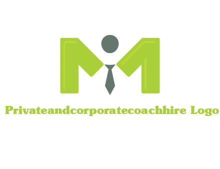 person with tie between letter M logo