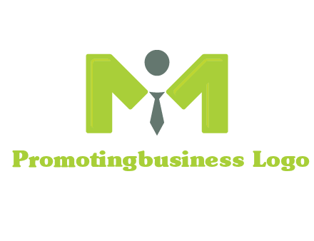 person with tie between letter M logo
