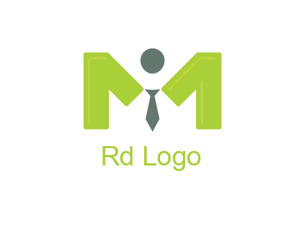 person with tie between letter M logo