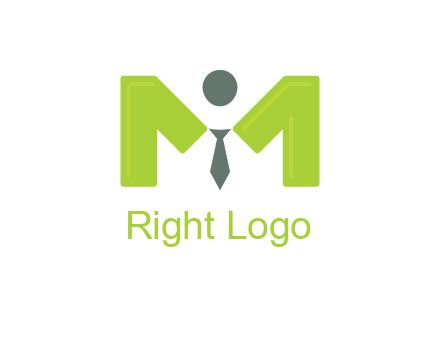 person with tie between letter M logo