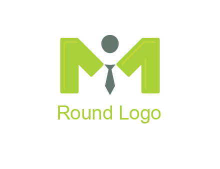 person with tie between letter M logo