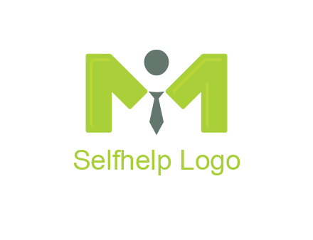 person with tie between letter M logo
