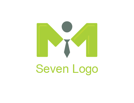 person with tie between letter M logo