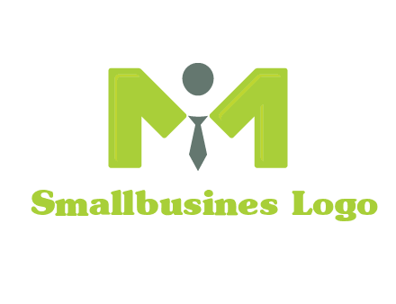 person with tie between letter M logo