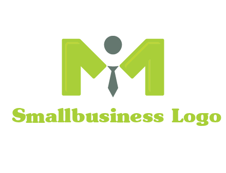 person with tie between letter M logo