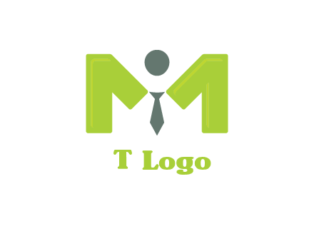 person with tie between letter M logo