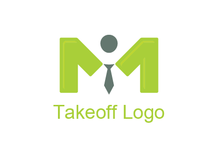 person with tie between letter M logo