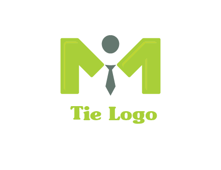 person with tie between letter M logo