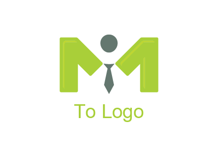 person with tie between letter M logo