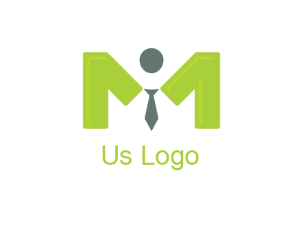person with tie between letter M logo