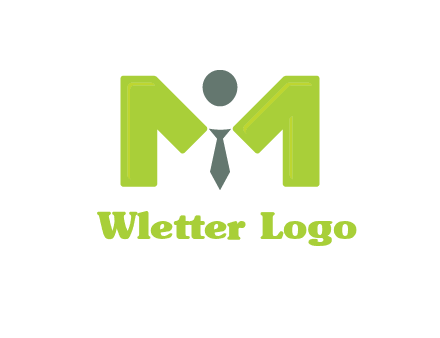 person with tie between letter M logo