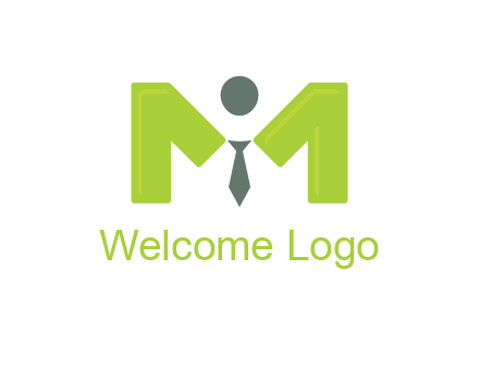 person with tie between letter M logo