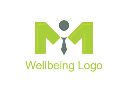person with tie between letter M logo