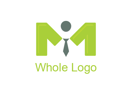 person with tie between letter M logo