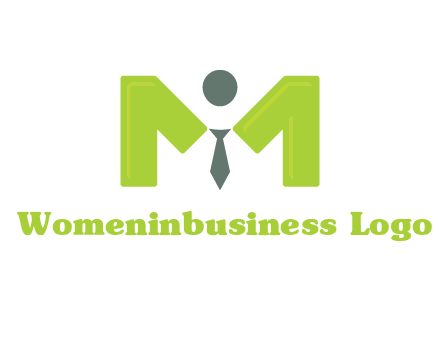 person with tie between letter M logo