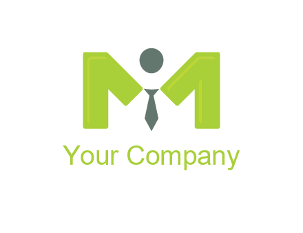 person with tie between letter M logo
