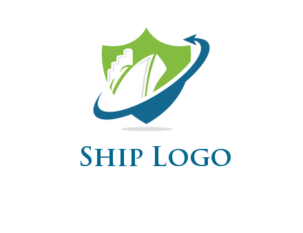ship inside shield with swoosh arrow logo
