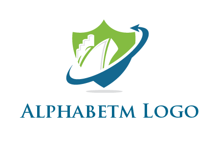 ship inside shield with swoosh arrow logo