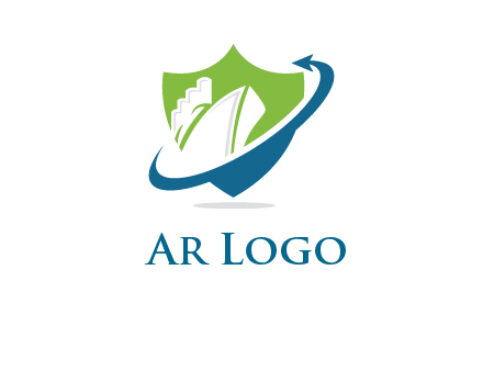 ship inside shield with swoosh arrow logo