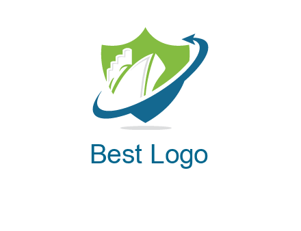 ship inside shield with swoosh arrow logo