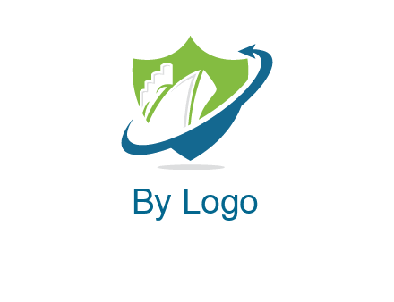 ship inside shield with swoosh arrow logo