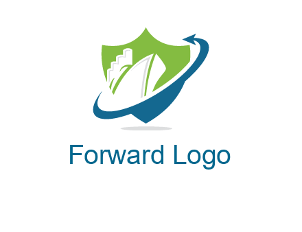 ship inside shield with swoosh arrow logo