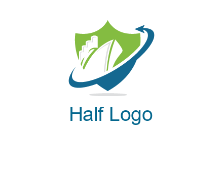 ship inside shield with swoosh arrow logo