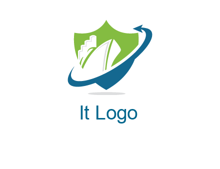 ship inside shield with swoosh arrow logo