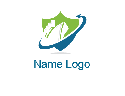 ship inside shield with swoosh arrow logo