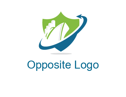 ship inside shield with swoosh arrow logo