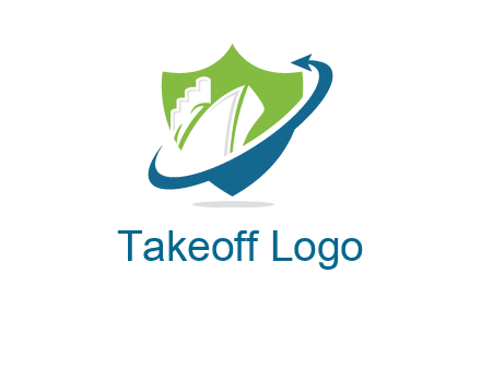 ship inside shield with swoosh arrow logo