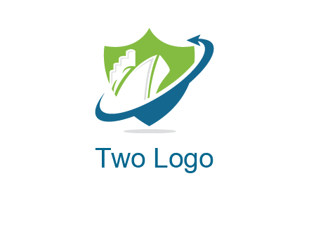 ship inside shield with swoosh arrow logo