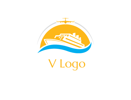 ship over the sun with water and airplane logo