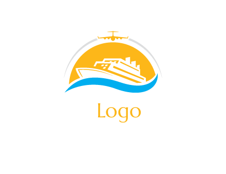 ship over the sun with water and airplane logo