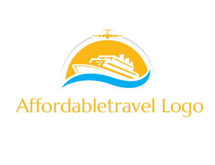 ship over the sun with water and airplane logo